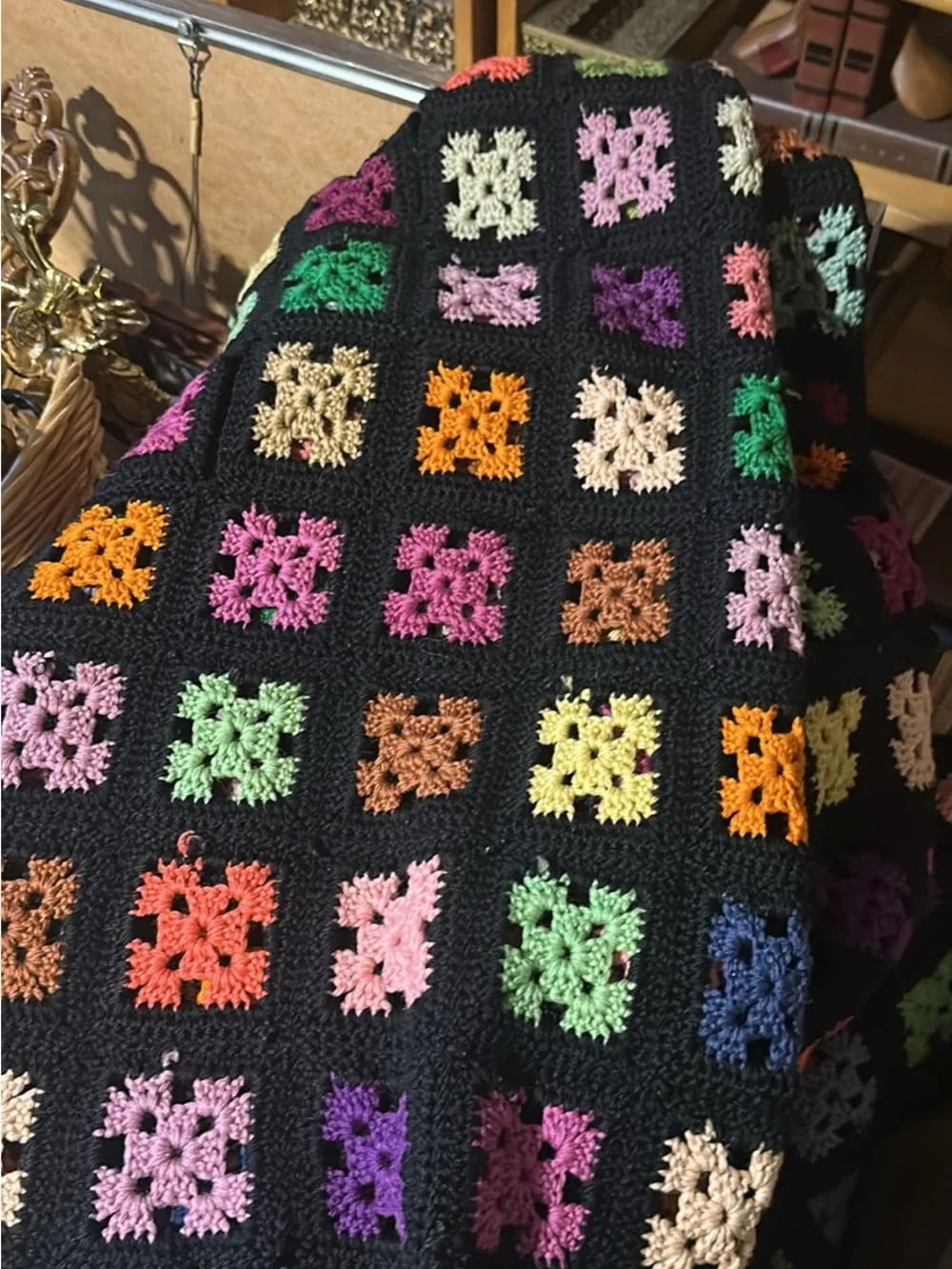Vintage Handmade Multicolor Crochet Throw Blanket - Blue, Orange, Black- afghans